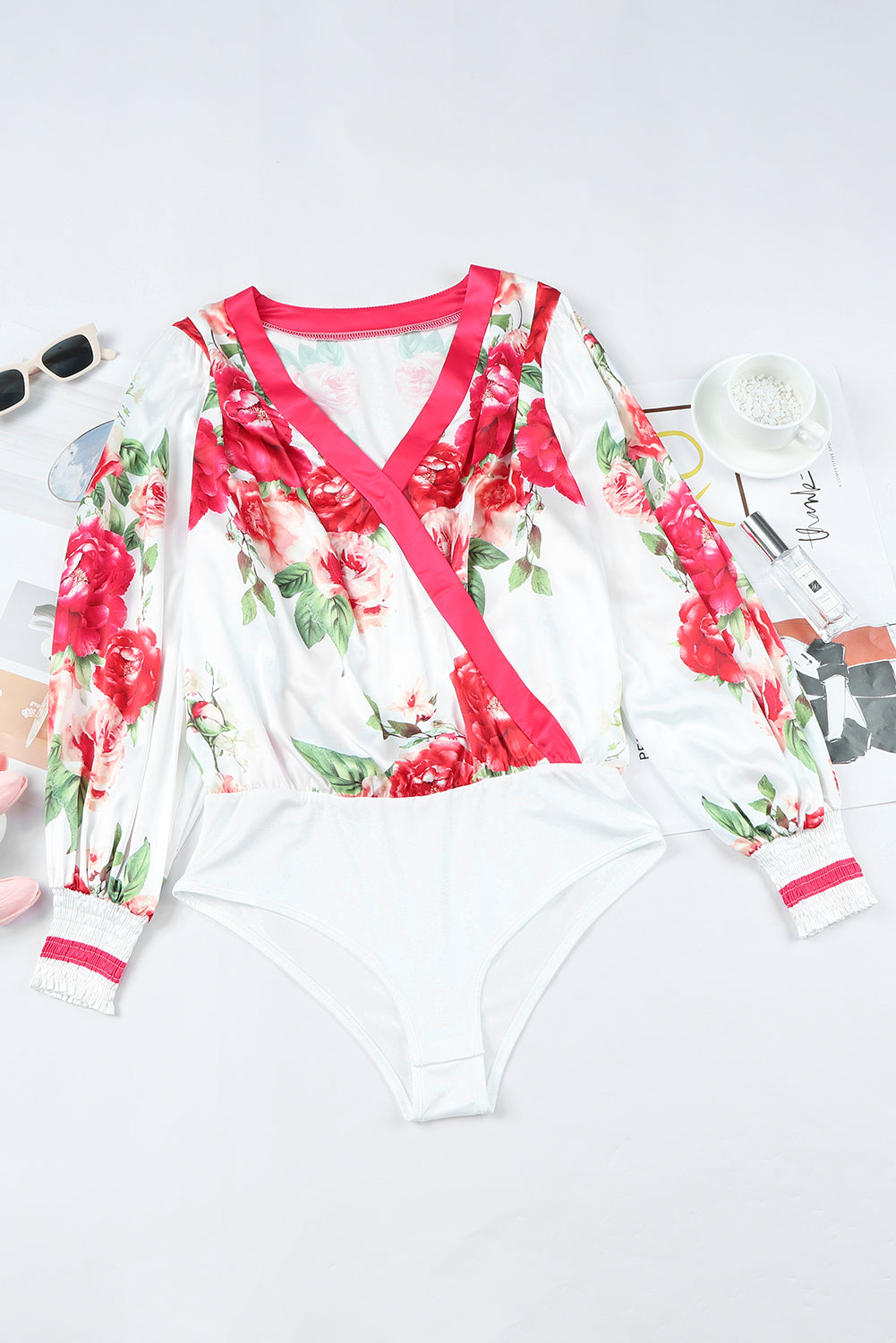 Rose Floral Print V Neck Wrap Bodysuit