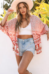 Pink Floral Aztec Print 3/4 Sleeve Open Front Kimono