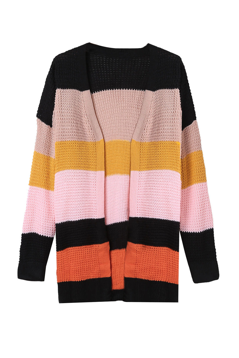 Multicolor Waffle Knit Color Block Open Front Cardigan