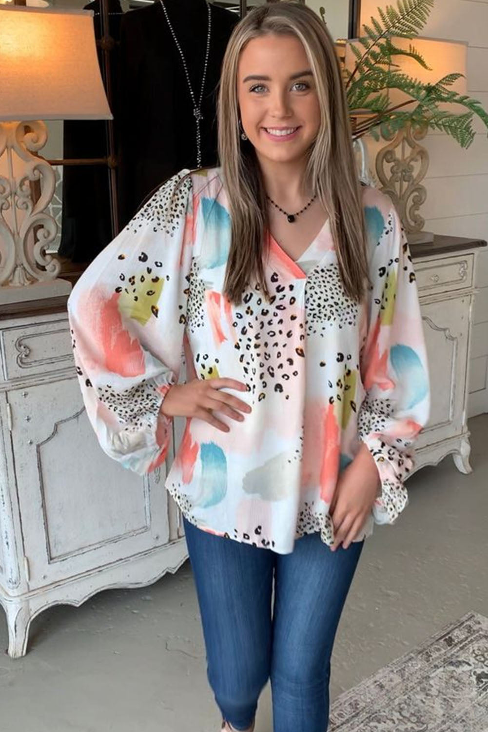 Multicolor Paint Palette Leopard Print Loose Top