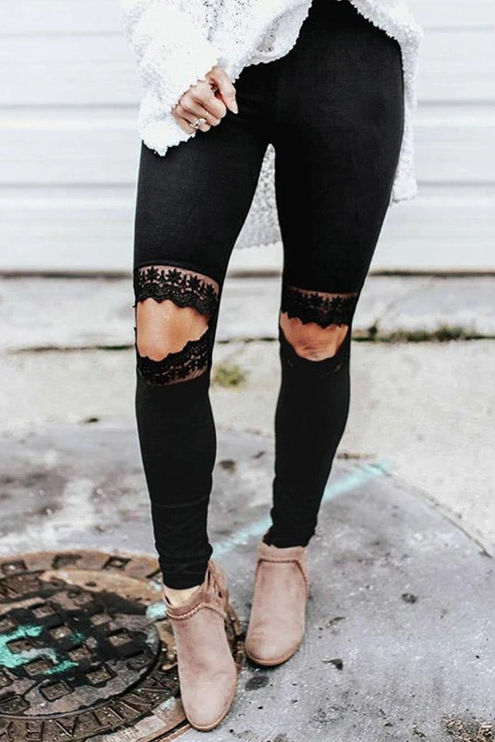 Floral Hollow Out Black Skinny Leggings