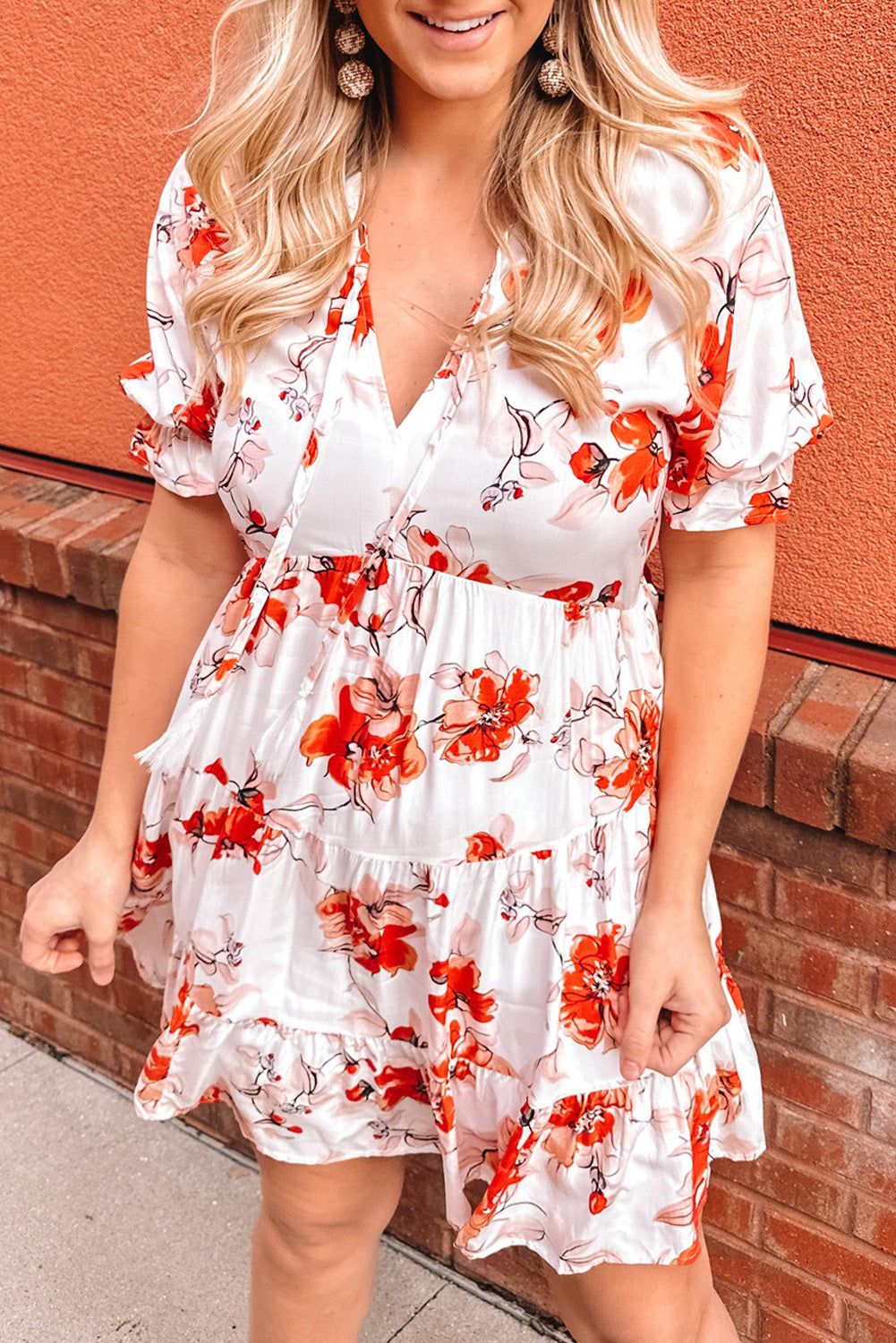 Beige Blooming Floral Tassel Tie Babydoll Dress