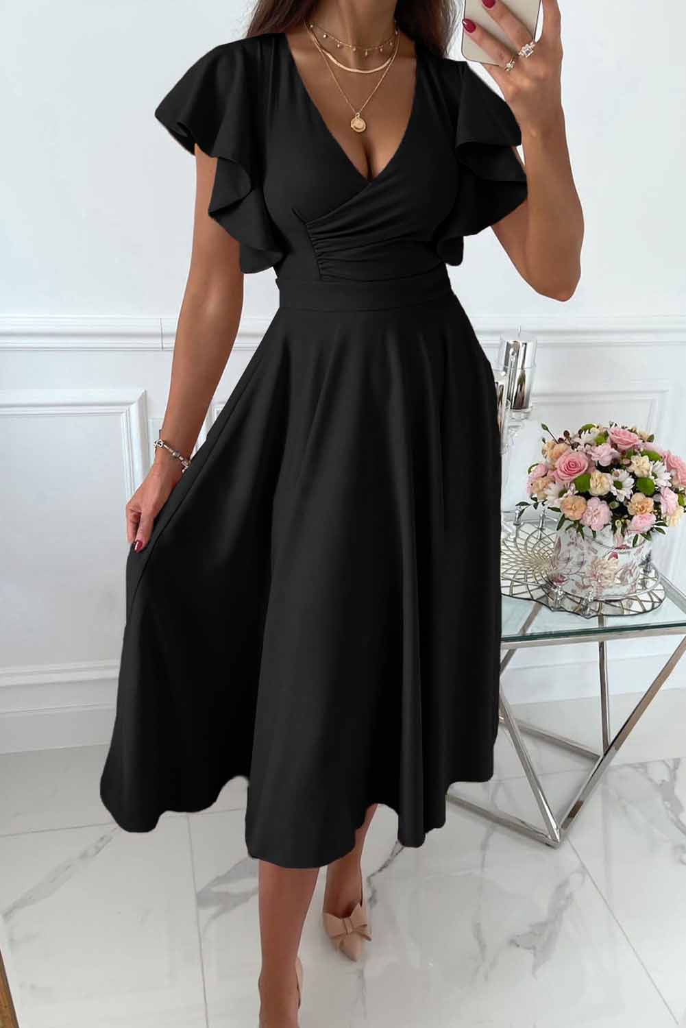 Black Ruffled Sleeve Wrap V Neck Midi Dress