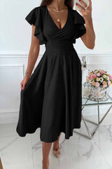 Black Ruffled Sleeve Wrap V Neck Midi Dress