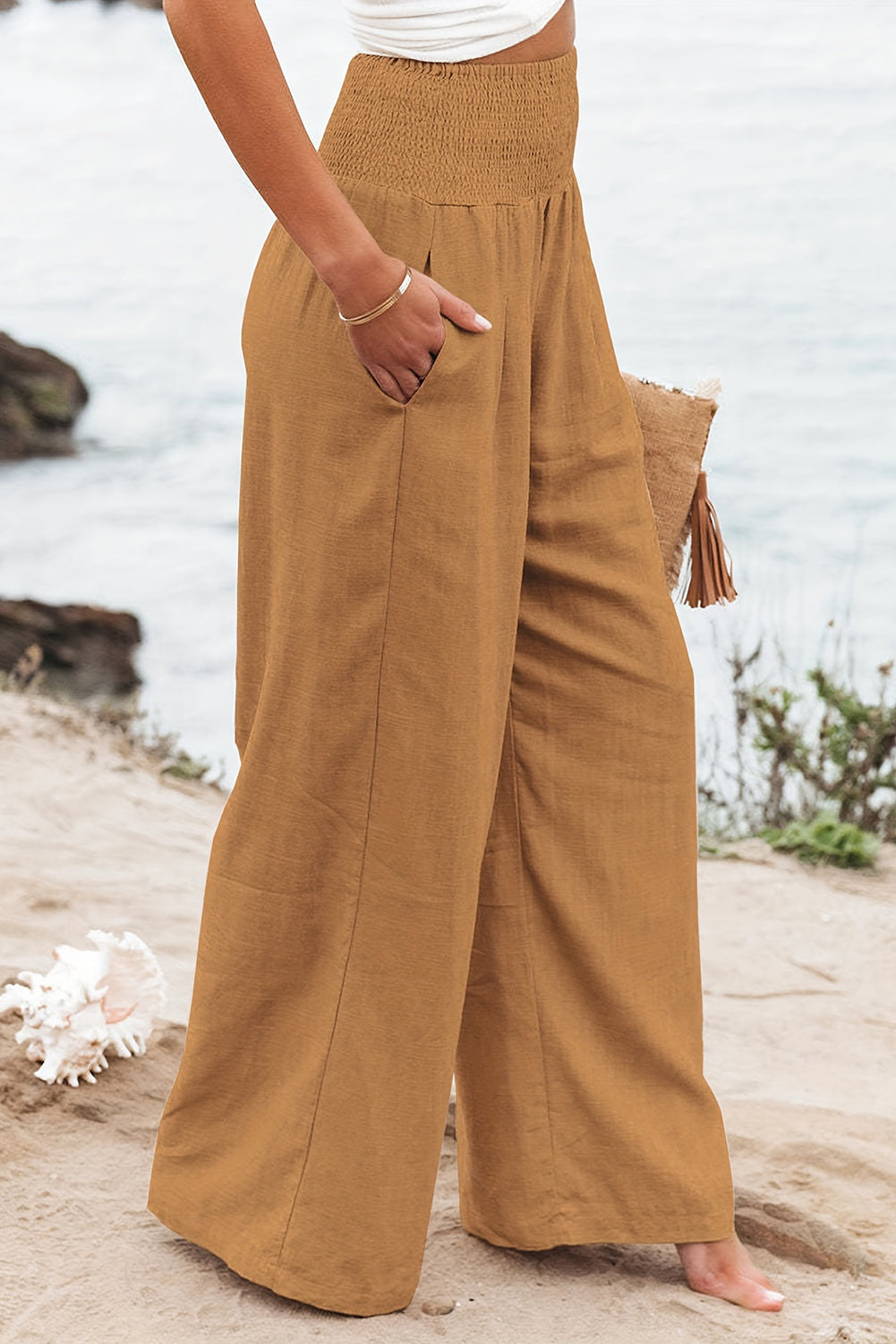 Black Smocked Wide Waistband High Waist Wide Leg Pants