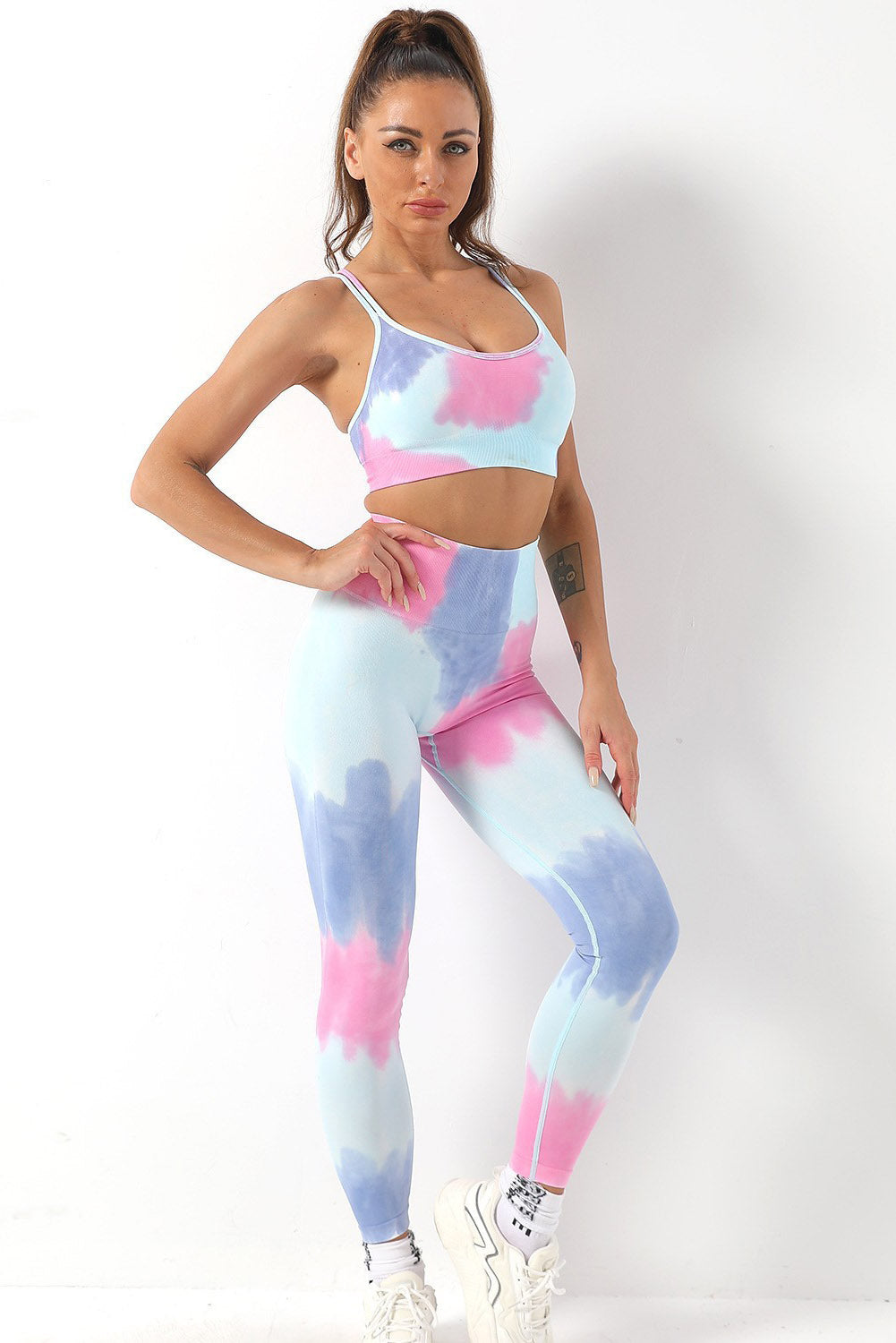 Sky Blue 2pcs Tie Dye Yoga Bra and High Waist Leggings Set