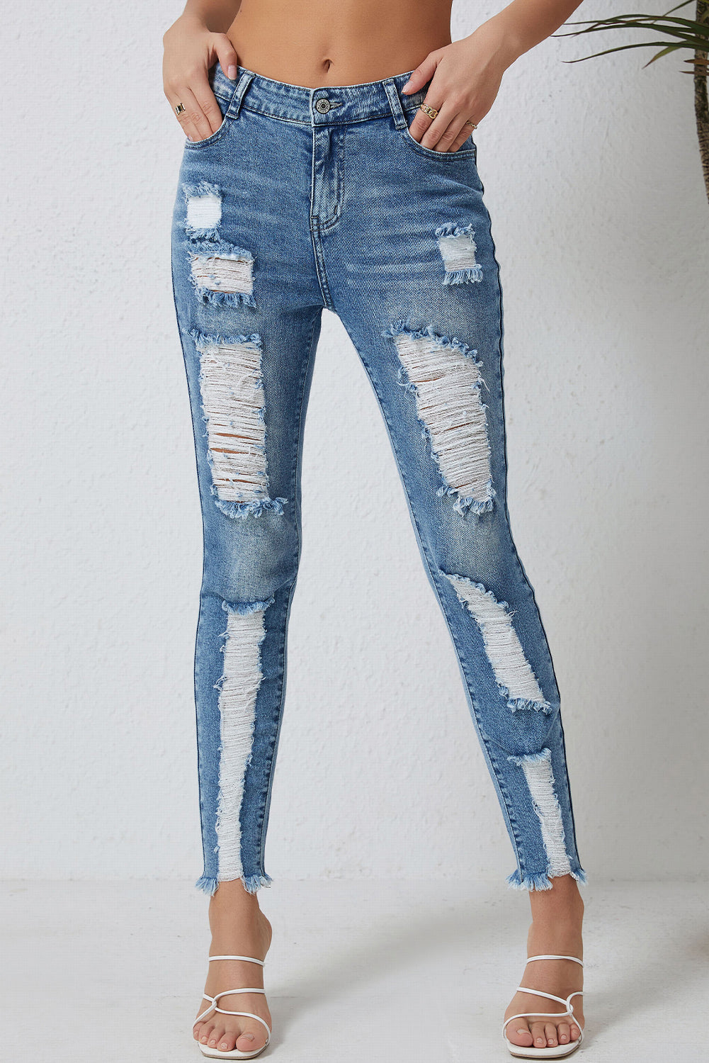 Sky Blue Distressed Straight Leg High Waist Jeans