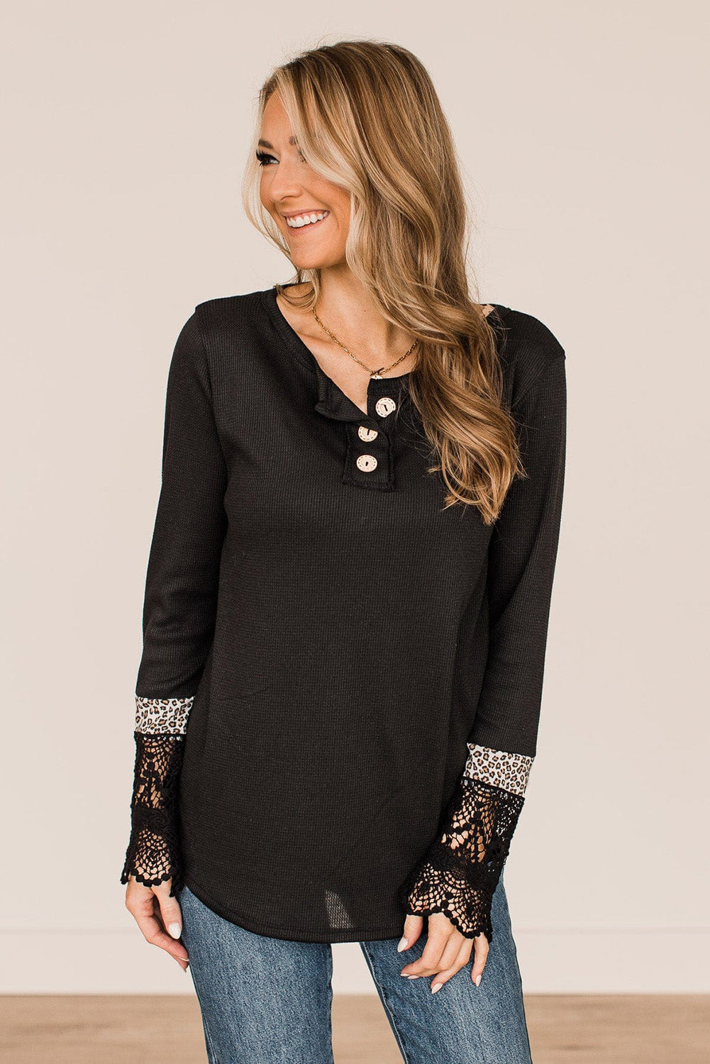 Black Lace Leopard Splicing Buttoned Knit Top