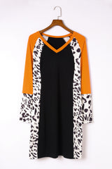 Black Leopard Color Block V-Neck Mini Dress