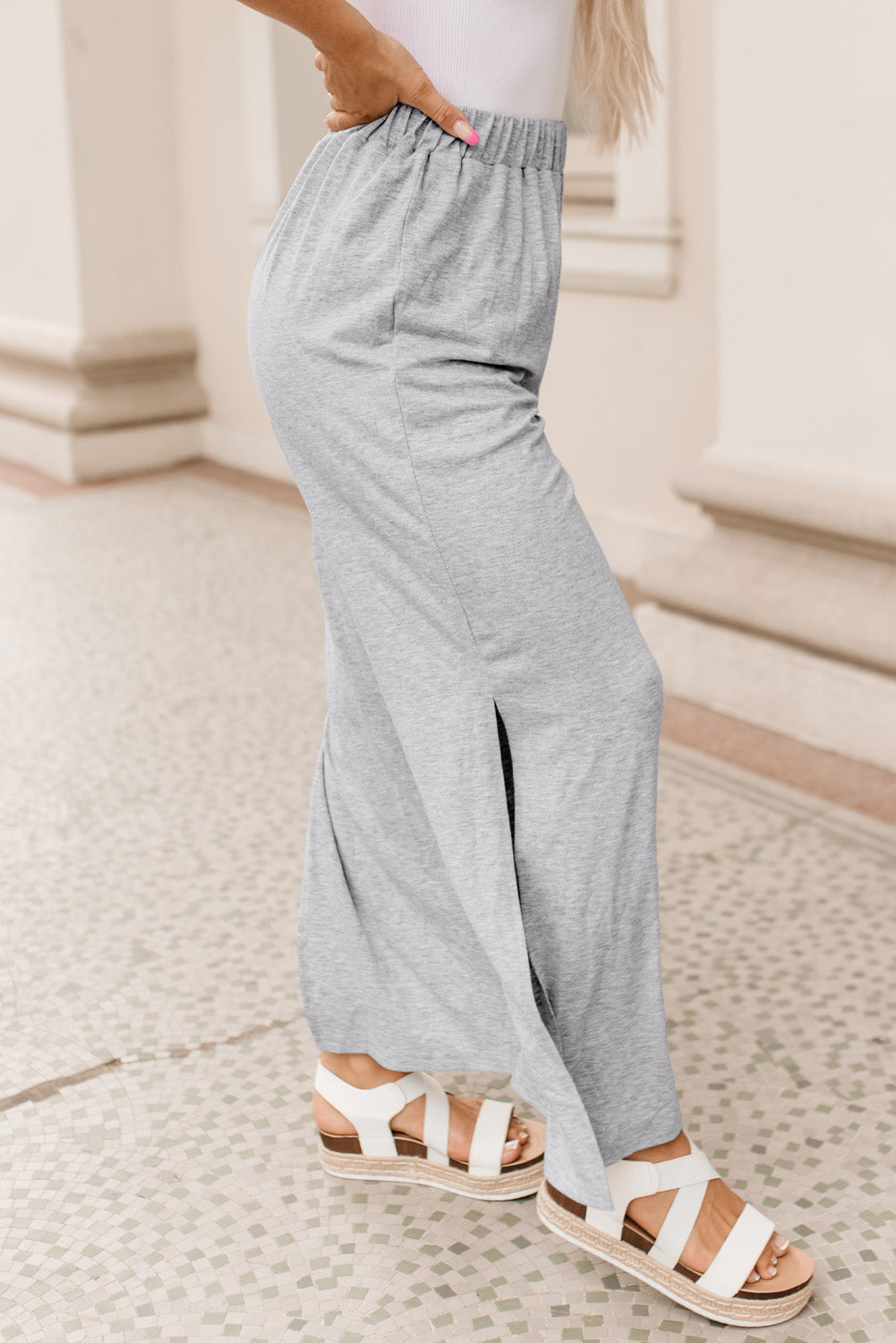 Gray Side Slits Wide Leg High Waist Pants