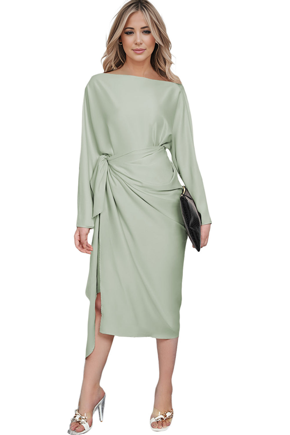 Black Satin Wrap Tie Side Boat Neck Long Sleeve Dress