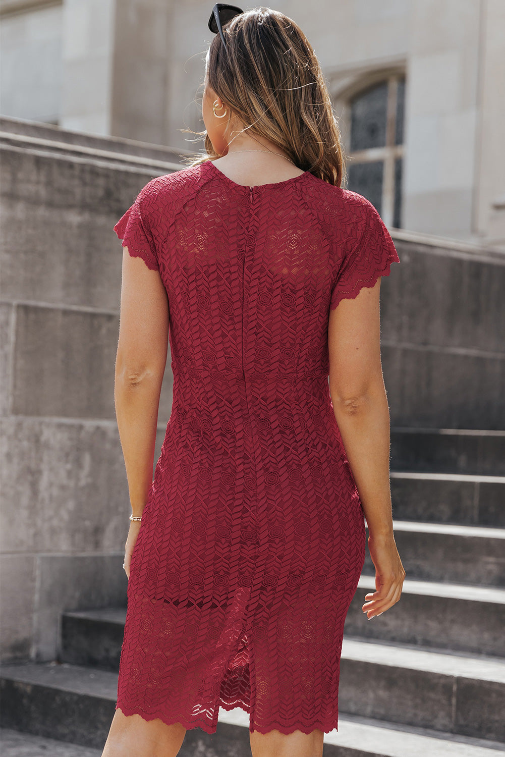 Red Crochet Short Sleeves Lined Midi Dress