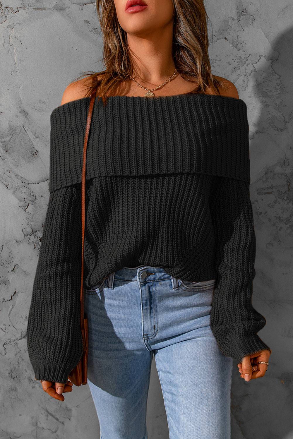 Brown Ribbed Knit Off Shoulder Sweater