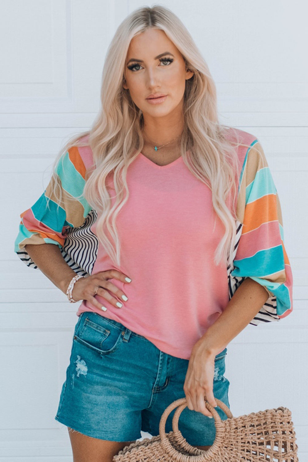 Rose Stripe Color Block Bubble Sleeve Top