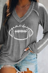 Gray Game Day Soccer Graphic Print V Neck Long Sleeve Top