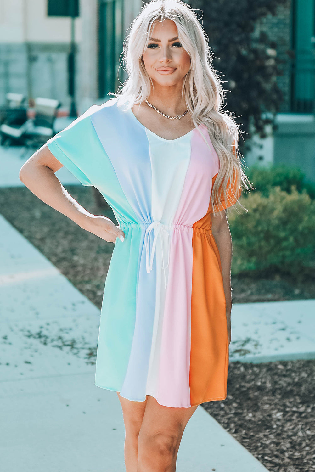 Color Block Tie Waist Rolled Short Sleeve Mini Dress with Pocket