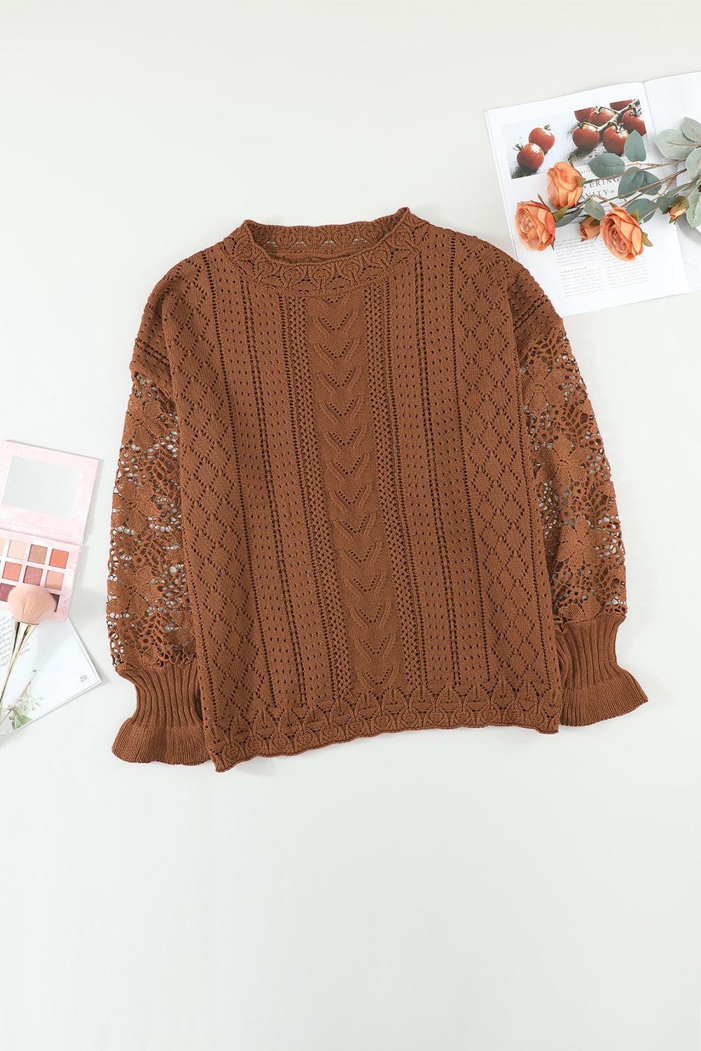 Blue Crochet Lace Pointelle Knit Sweater