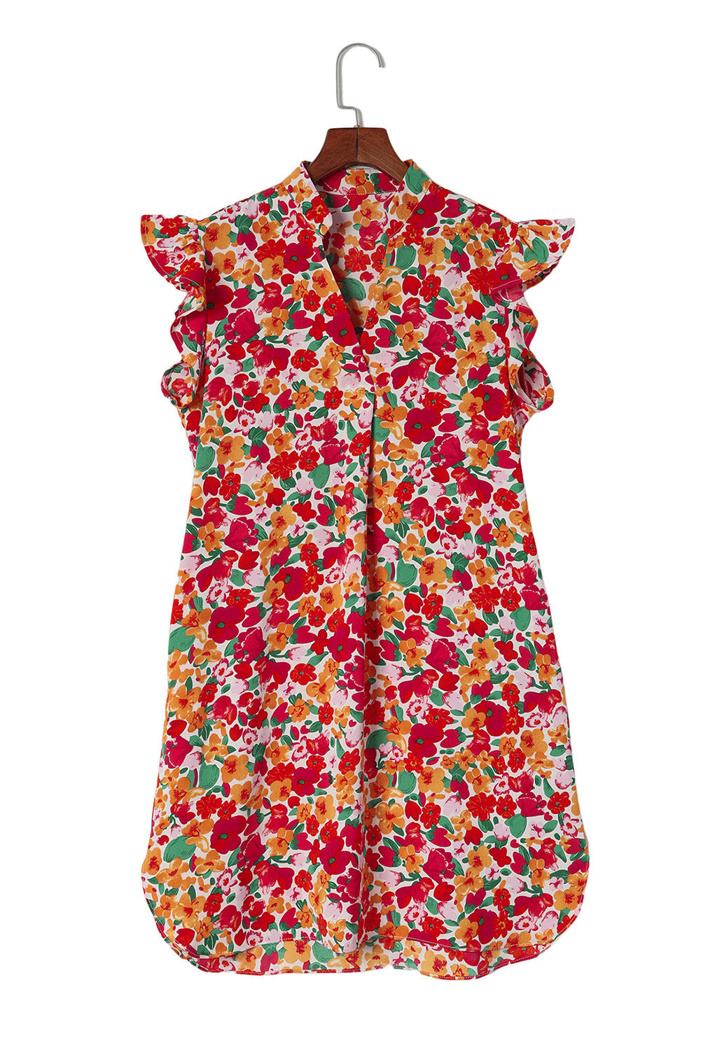 Red Ruffle Sleeve V-Neck Floral Dress