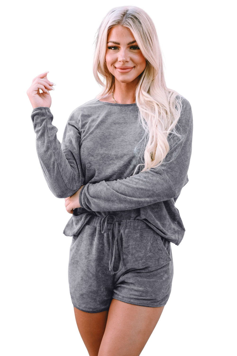 Gray Long Sleeve Top and Drawstring Shorts Lounge Set