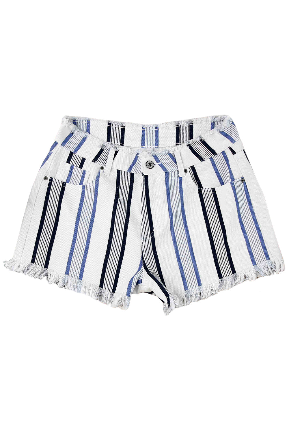 Stripe Raw Hem Distressed Denim Shorts