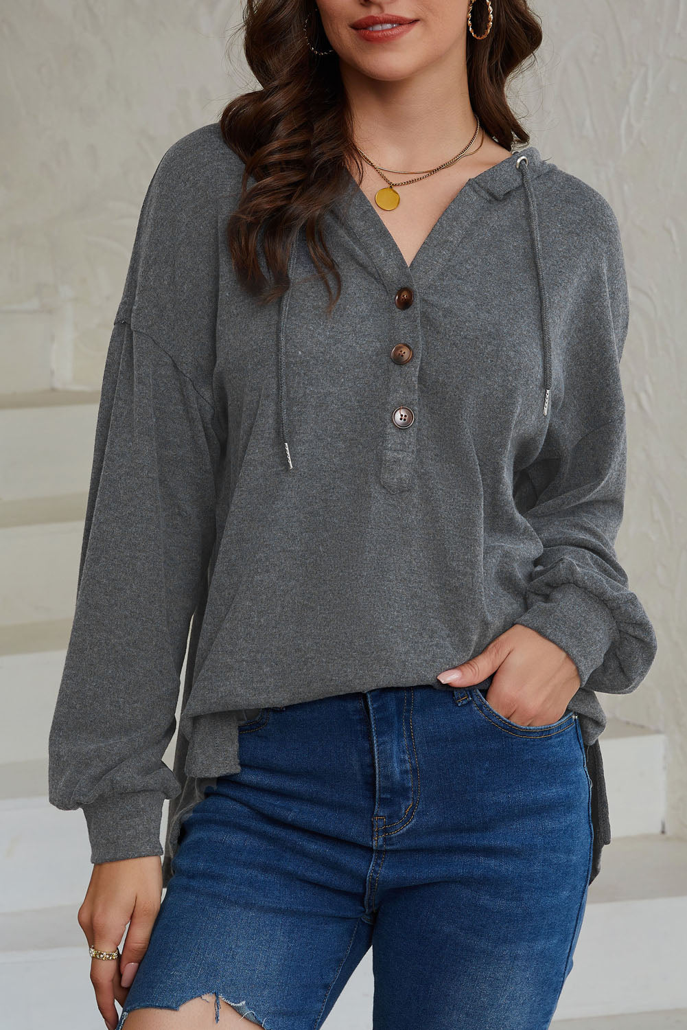Buttoned High and Low Hem Hoodie