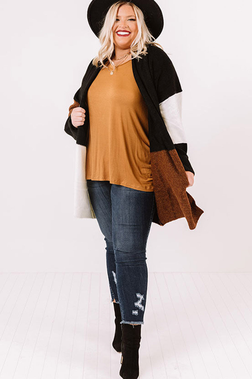 Brown Plus Size Open Front Color Block Cardigan