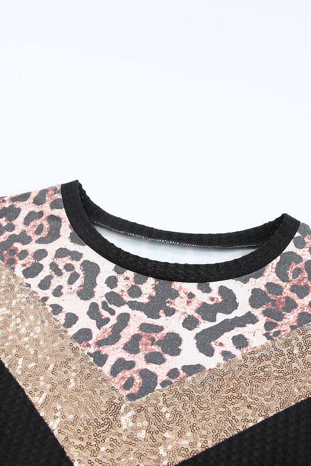 Black Leopard Sequin Waffle Knit Short Sleeve T-shirt