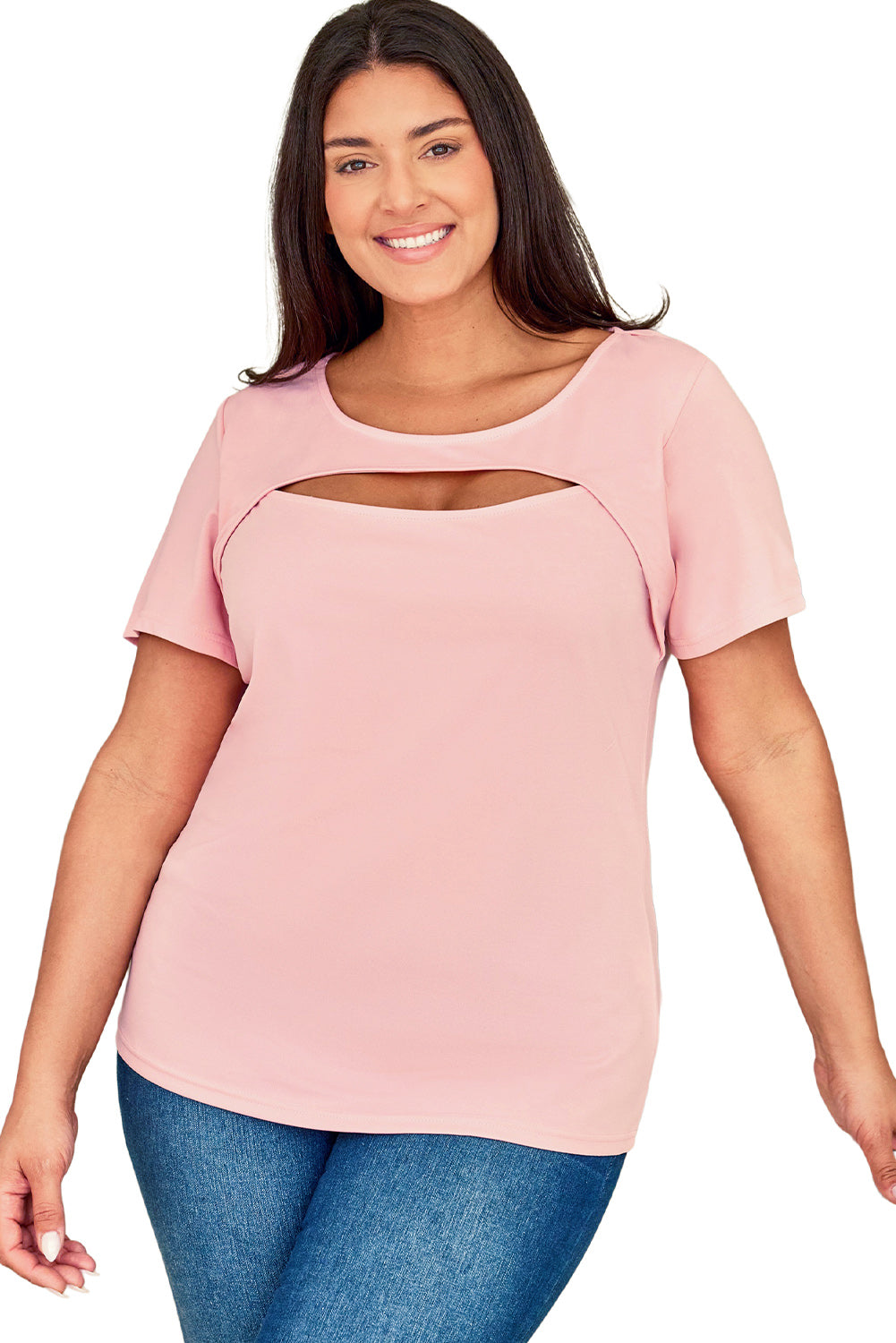 Pink Peekaboo Cutout Front Plus Size T-shirt