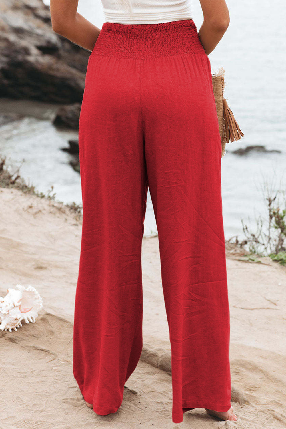 Black Smocked Wide Waistband High Waist Wide Leg Pants