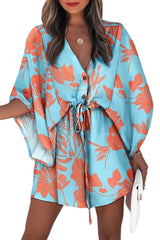 Sky Blue Geometric Print Button Drawstring Batwing Sleeve Dress