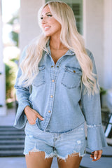 Sky Blue Chest Pockets Bell Sleeve Buttoned Denim Jacket