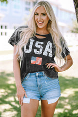 Black Distressed Tie-dye USA Flag Print T-shirt