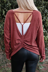 Pink Hollow-out Ruched Back Long Sleeve Top