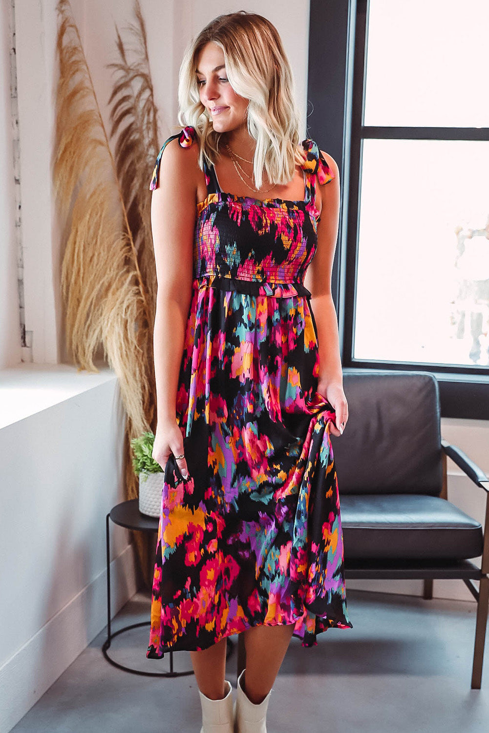 Black Smocked Tie-dye Print Midi Dress