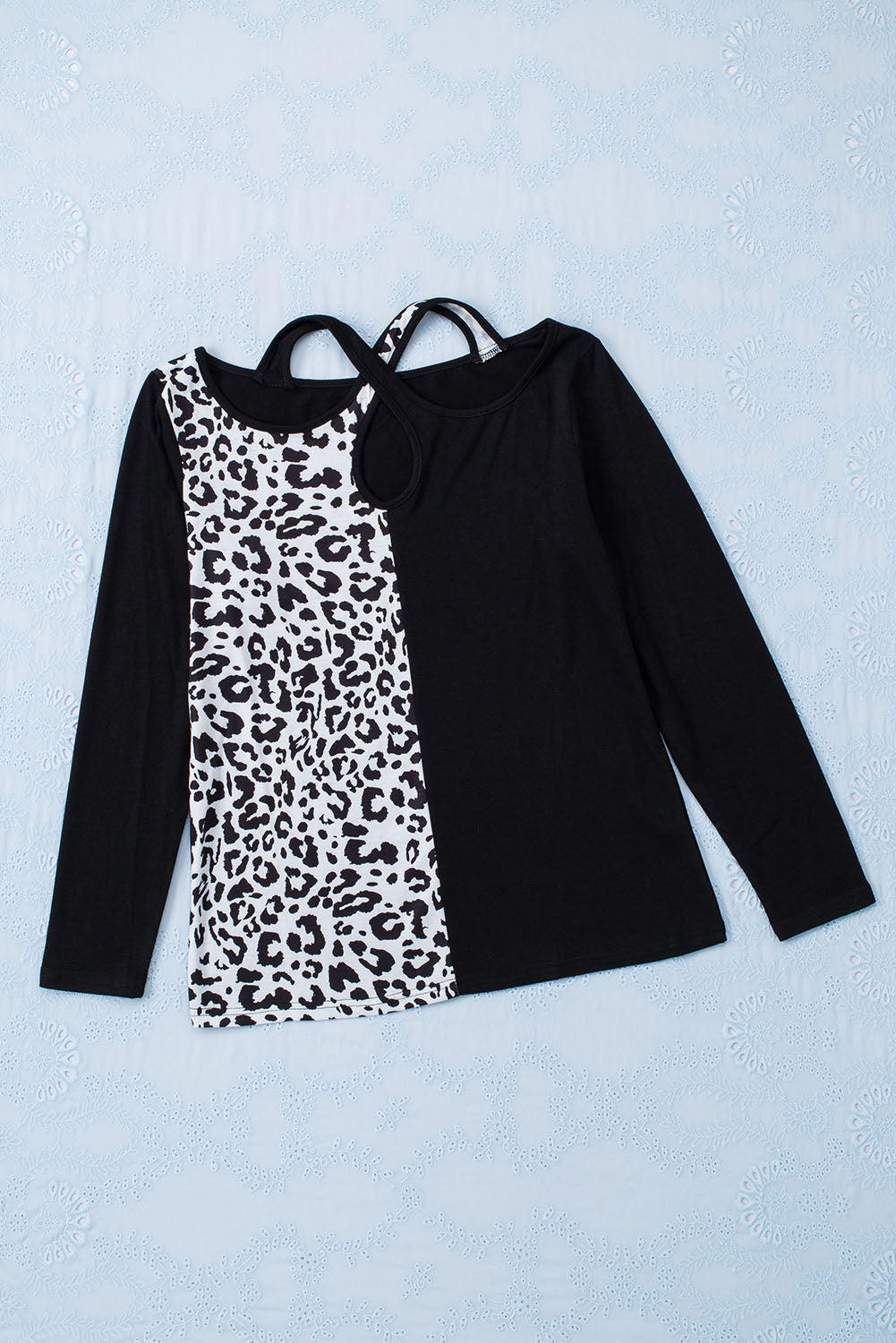 Black Leopard Color Block Cut Out Long Sleeve Top