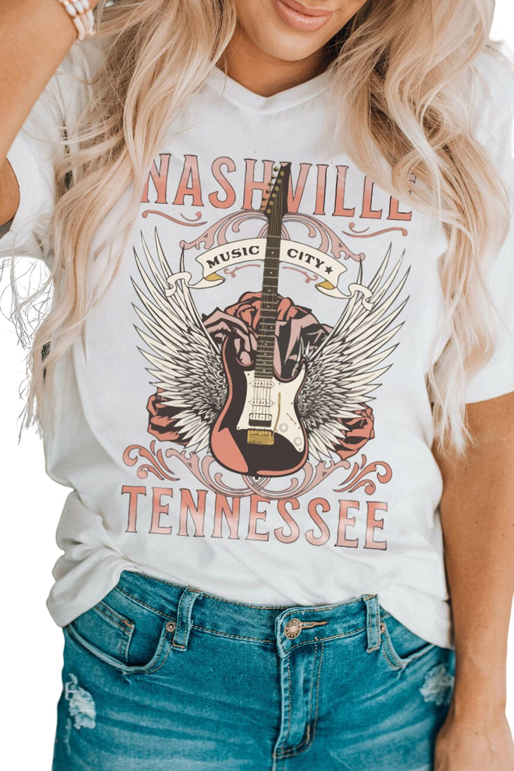 White Dreamy Music City Guitar Graphic Print Tee