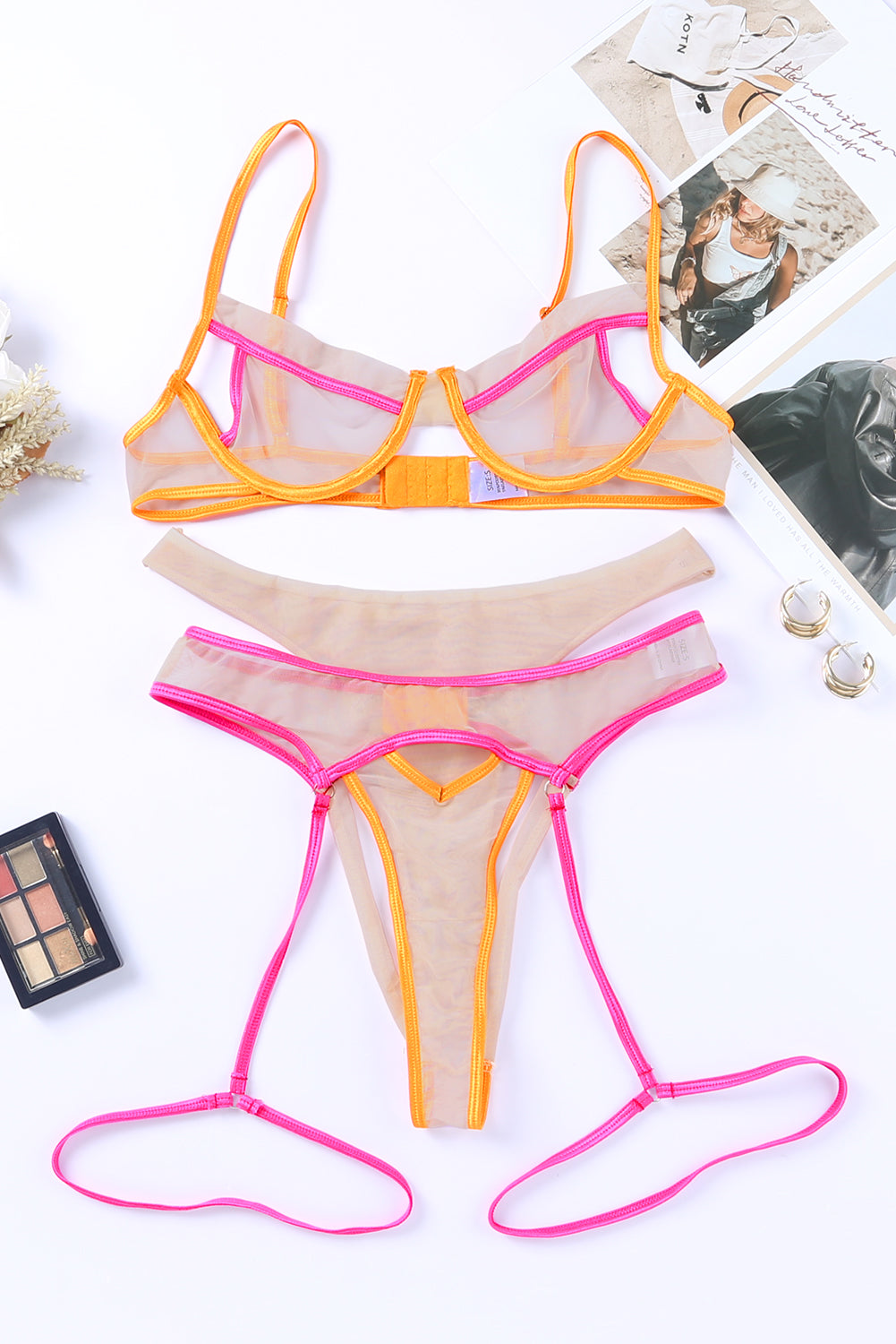 Multicolor Colorblock Trim Spaghetti Strap Three Piece Lingerie Set