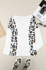 Leopard Splicing Criss Cross V Neck Blouse