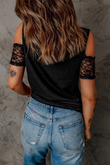 Black Lace Splicing Cold Shoulder T Shirt