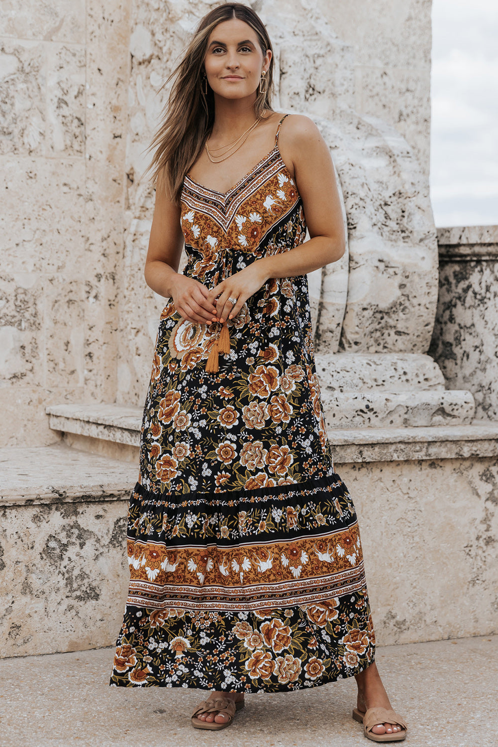 Black Retro Boho Floral Tassel Tie Maxi Dress