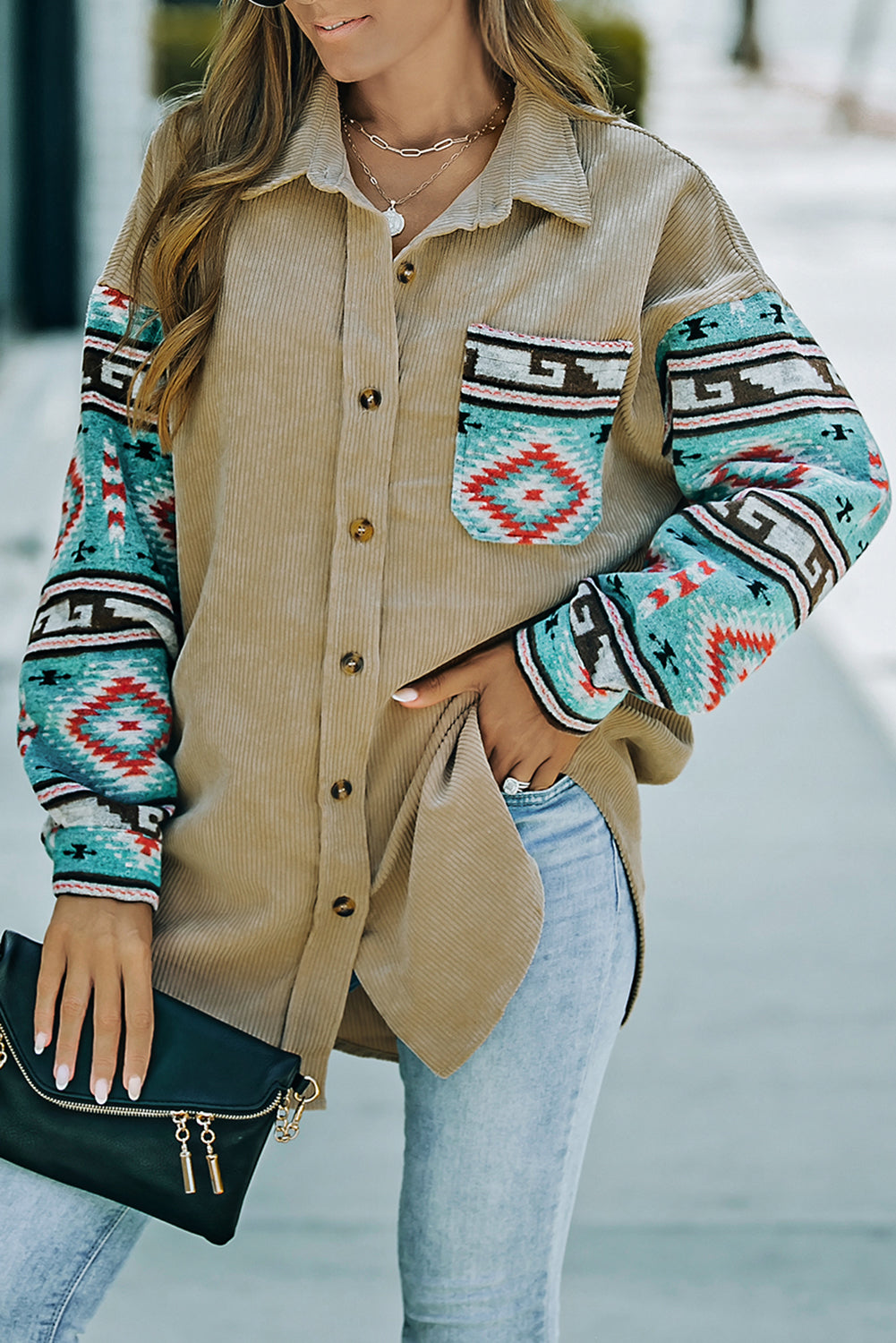 Gray  Aztec Pattern Sleeve Pocketed Corduroy Shacket