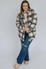 Black Plus Size Brushed Plaid Flap Pocket Shacket