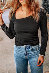 Black Asymmetric Neckline Slim Fit Long Sleeve Top