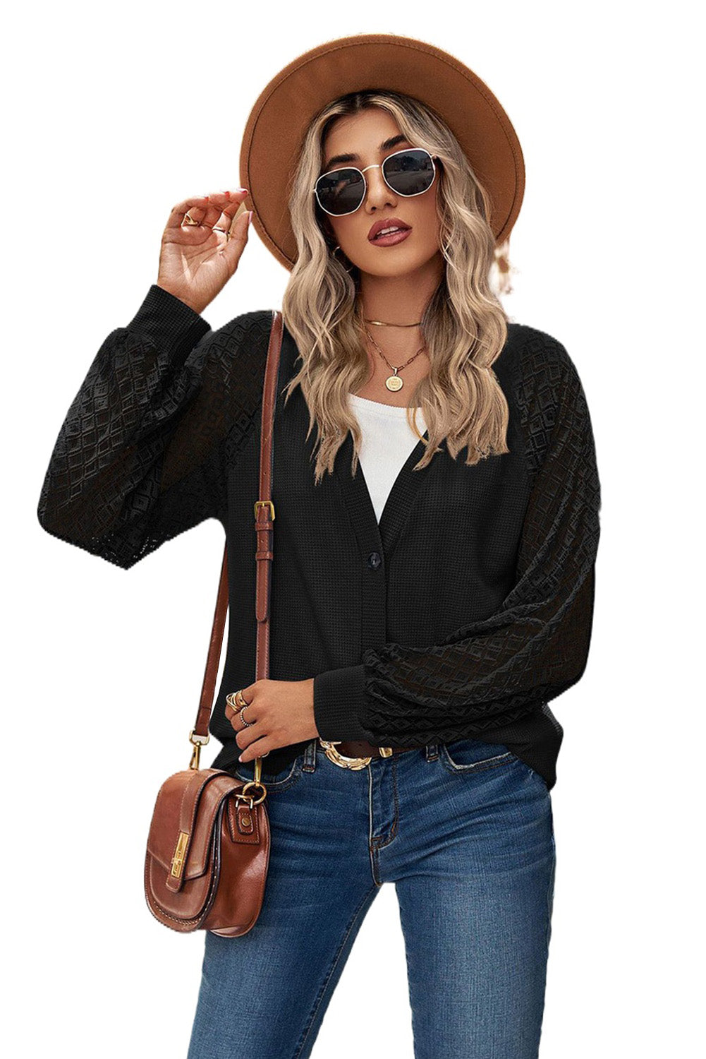 Waffled Knit Lace Long Sleeve Buttoned Cardigan