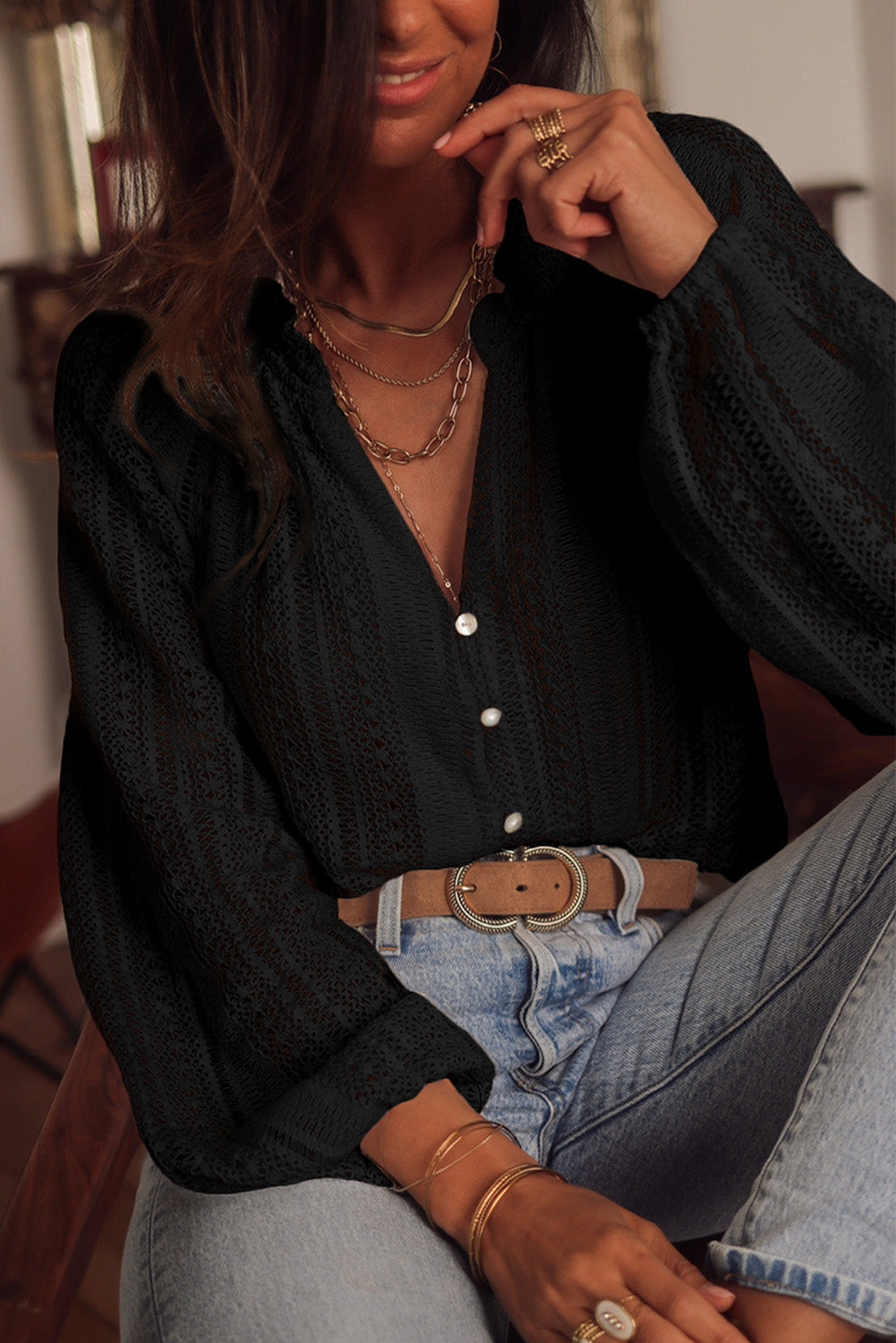 Black V-Neck Long Sleeve Button Up Lace Shirt