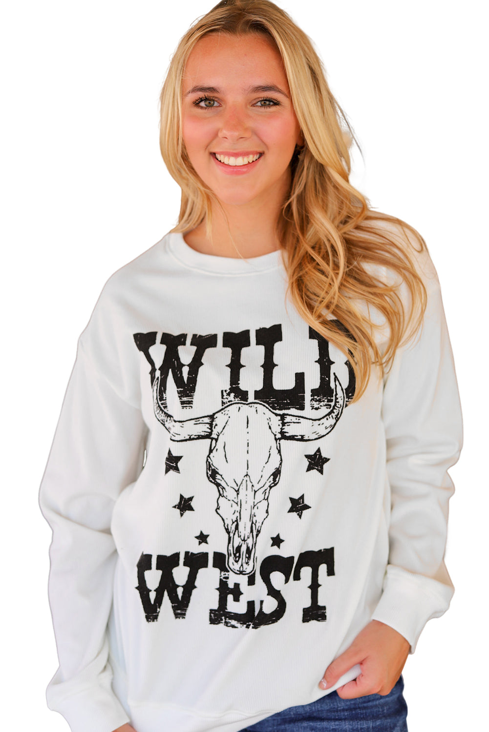 White WILD WEST Steer Skull Graphic Ribbed Sweatshirt