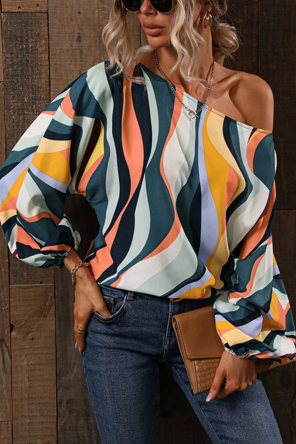 Multicolor Wavy Striped Boat Neck Puff Sleeve Blouse