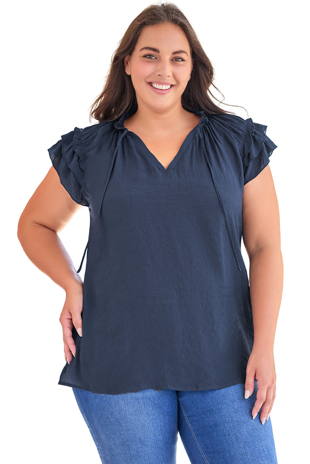 Blue Tiered Ruffled Sleeve Drawstring V Neck Plus Size Blouse