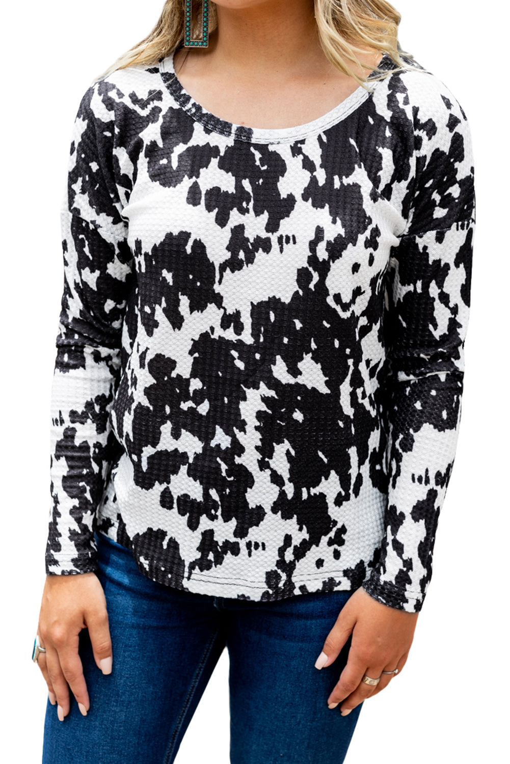 Cow Print U Neck Long Sleeve Top