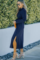 Blue Crinkle Textured Long Sleeve Shirt Dress with Belt